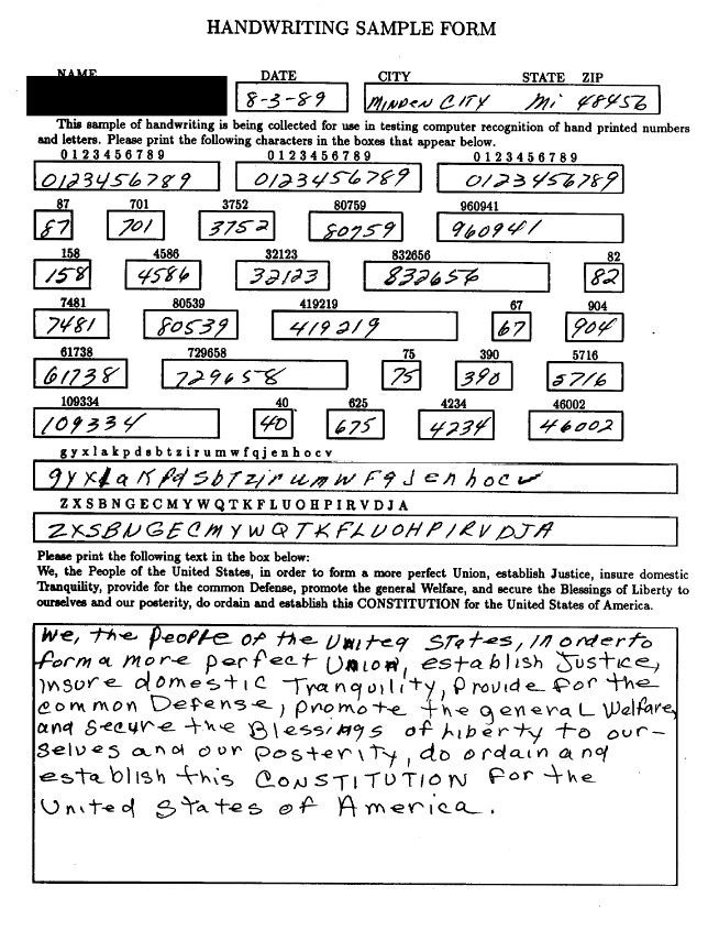 Real NIST SD19 handwriting sample form