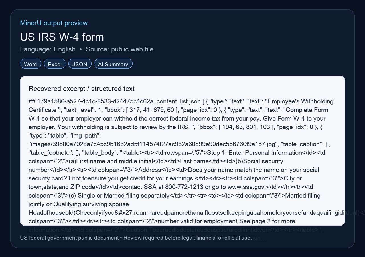After screenshot of extracted IRS W-4 output