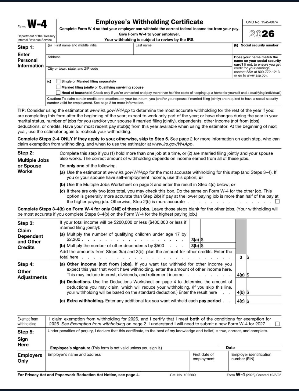 Before screenshot of IRS W-4 public PDF